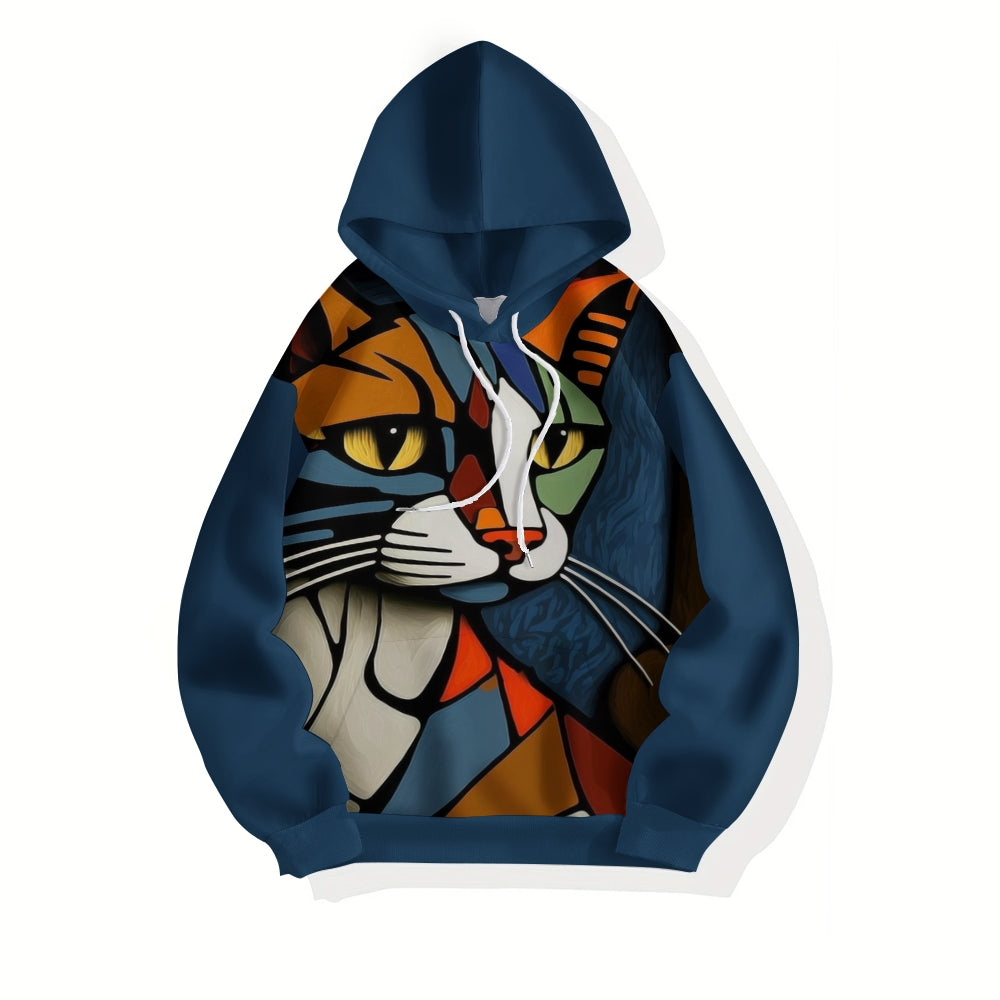 Men's Cat Print Pullover Round Neck Hoodie 2410000907