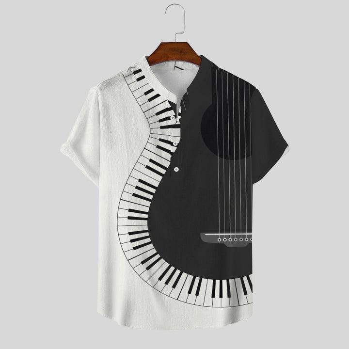 Music Guitar Print Linen V-Neck Shirt 2410000915