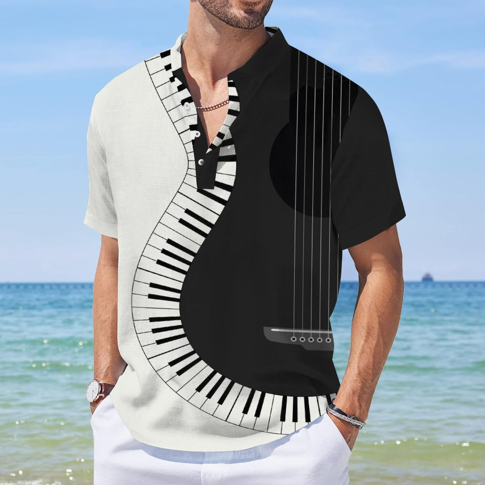 Music Guitar Print Linen V-Neck Shirt 2410000915