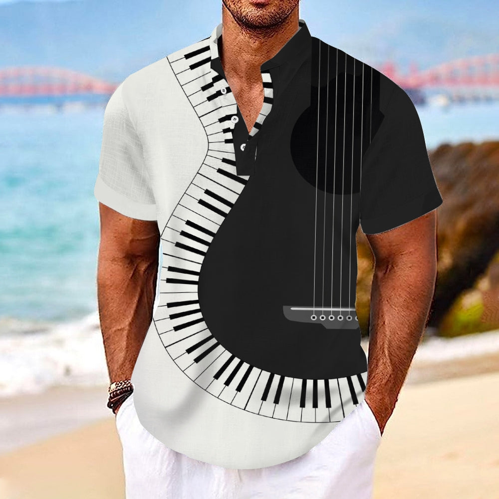 Music Guitar Print Linen V-Neck Shirt 2410000915