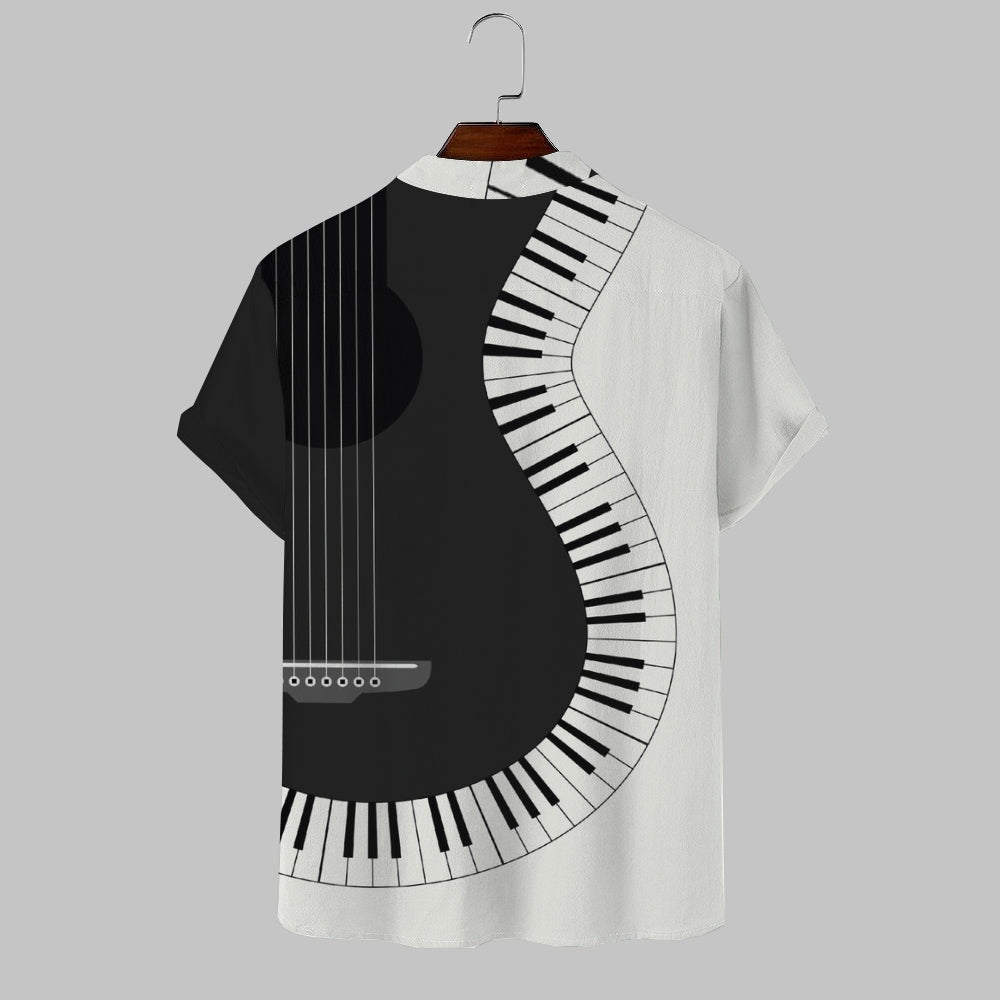 Music Guitar Print Linen V-Neck Shirt 2410000915