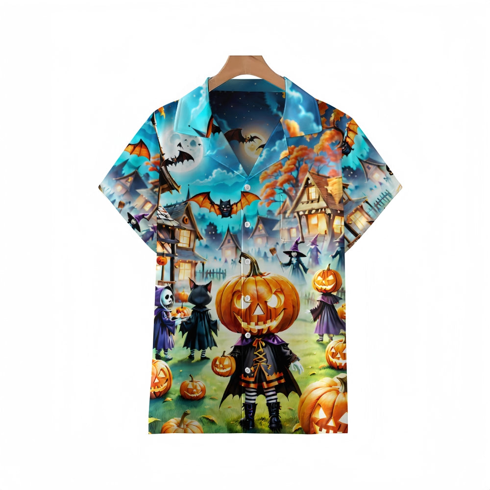 Halloween Pumpkin Ghost Park Cuban Collar Short Sleeve Shirt 2410001063