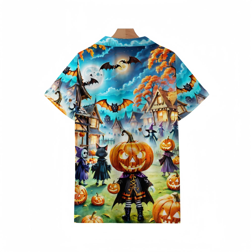 Halloween Pumpkin Ghost Park Cuban Collar Short Sleeve Shirt 2410001063