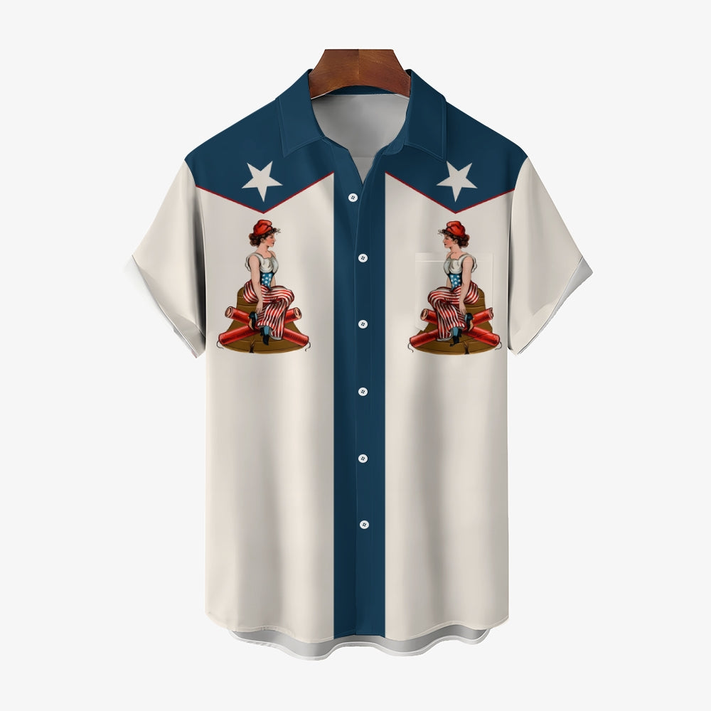 Retro American Style Unique Flag And Western Girl Pattern Printed Shirt 2410001077