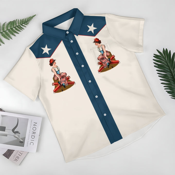 Retro American Style Unique Flag And Western Girl Pattern Printed Shirt 2410001077