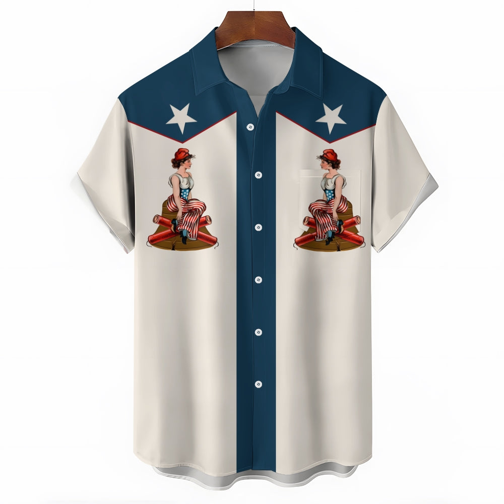 Retro American Style Unique Flag And Western Girl Pattern Printed Shirt 2410001077