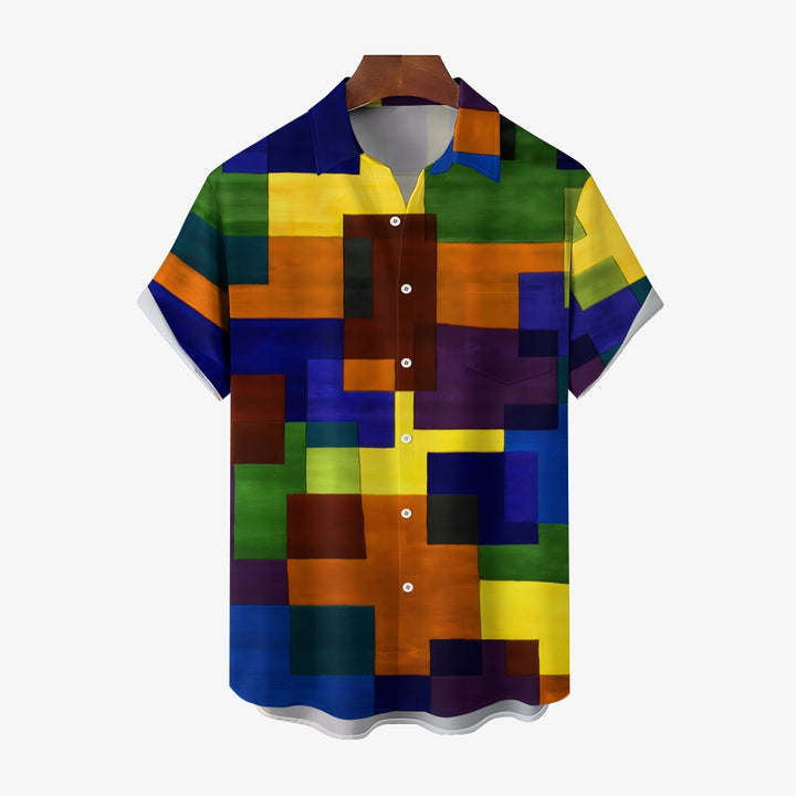 Men's Retro Geometric Print Button Pocket Short Sleeve Shirt 2403000741