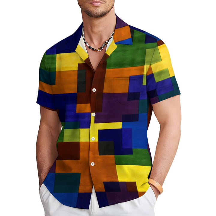 Men's Retro Geometric Print Button Pocket Short Sleeve Shirt 2403000741