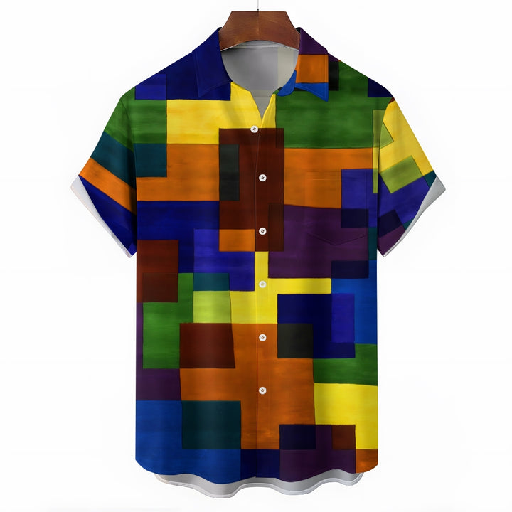 Men's Retro Geometric Print Button Pocket Short Sleeve Shirt 2403000741