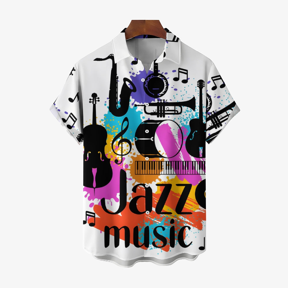 Retro Musical Jazz 3D Print Men's Button Pocket Short Sleeve Shirt 2410001897