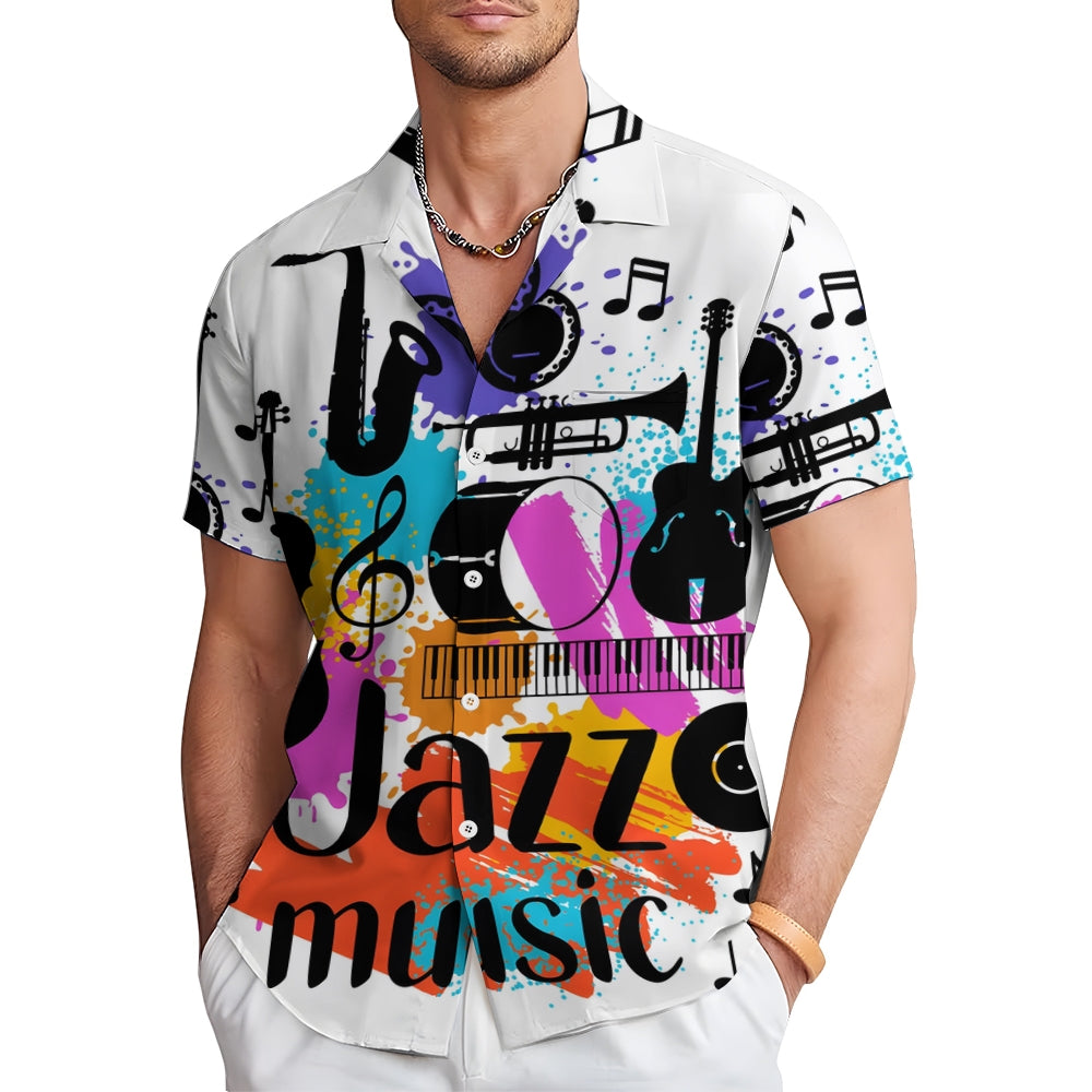 Retro Musical Jazz 3D Print Men's Button Pocket Short Sleeve Shirt 2410001897