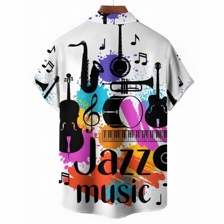 Retro Musical Jazz 3D Print Men's Button Pocket Short Sleeve Shirt 2410001897