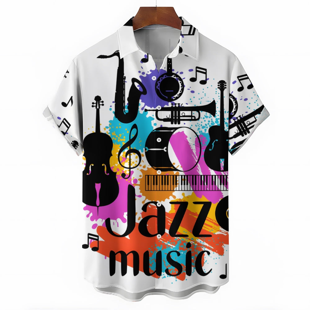 Retro Musical Jazz 3D Print Men's Button Pocket Short Sleeve Shirt 2410001897