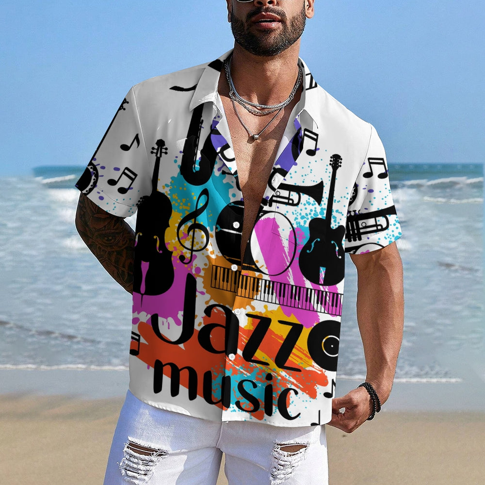 Retro Musical Jazz 3D Print Men's Button Pocket Short Sleeve Shirt 2410001897