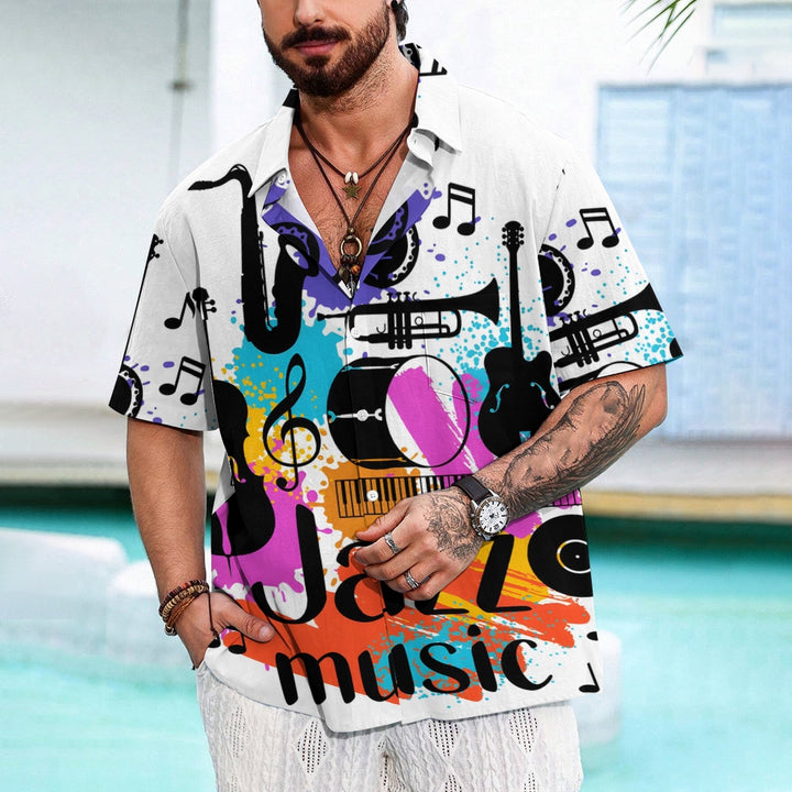 Retro Musical Jazz 3D Print Men's Button Pocket Short Sleeve Shirt 2410001897