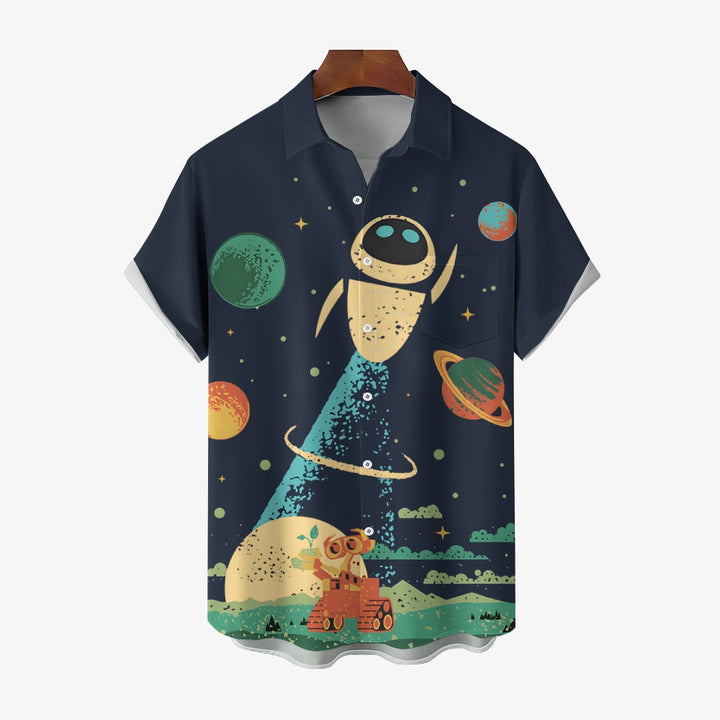 Retro Poster Cartoon Sci-Fi Robot Casual Large Size Short-Sleeved Shirt 2410002157