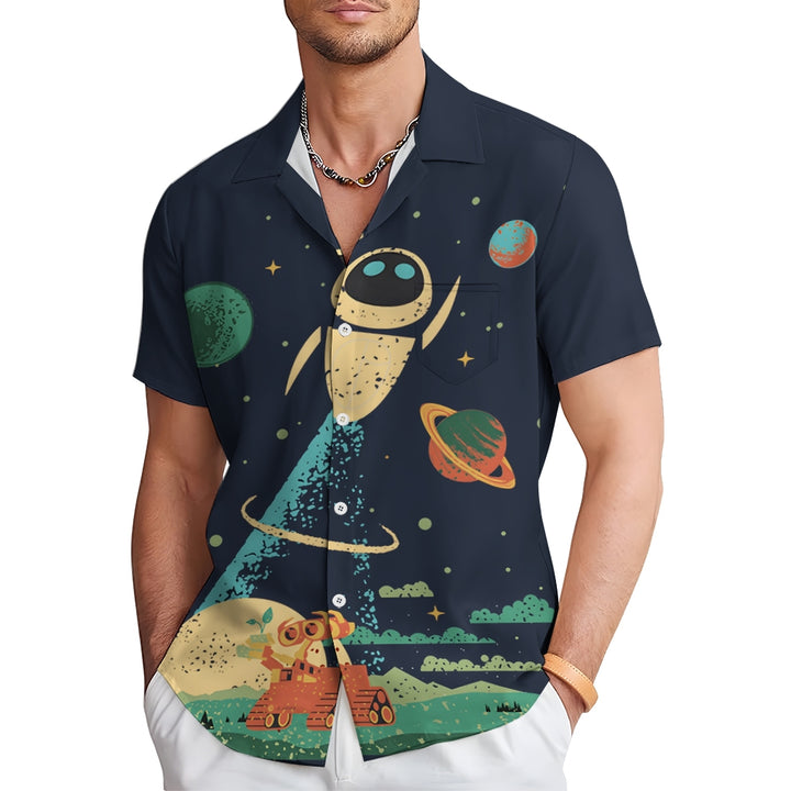 Retro Poster Cartoon Sci-Fi Robot Casual Large Size Short-Sleeved Shirt 2410002157