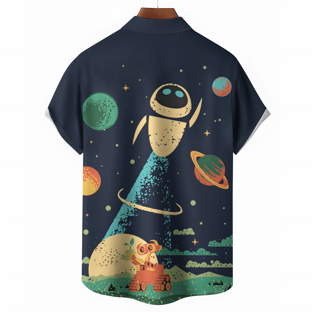 Retro Poster Cartoon Sci-Fi Robot Casual Large Size Short-Sleeved Shirt 2410002157