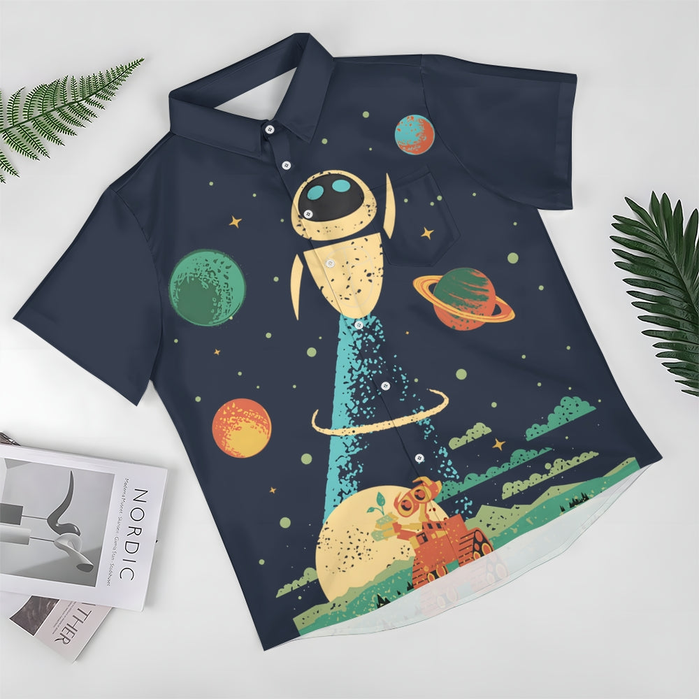 Retro Poster Cartoon Sci-Fi Robot Casual Large Size Short-Sleeved Shirt 2410002157