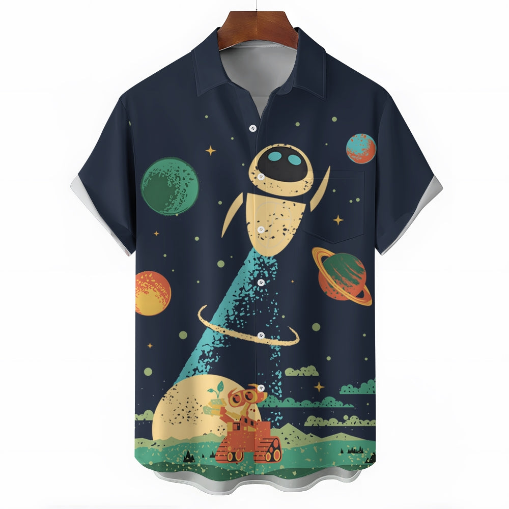 Retro Poster Cartoon Sci-Fi Robot Casual Large Size Short-Sleeved Shirt 2410002157