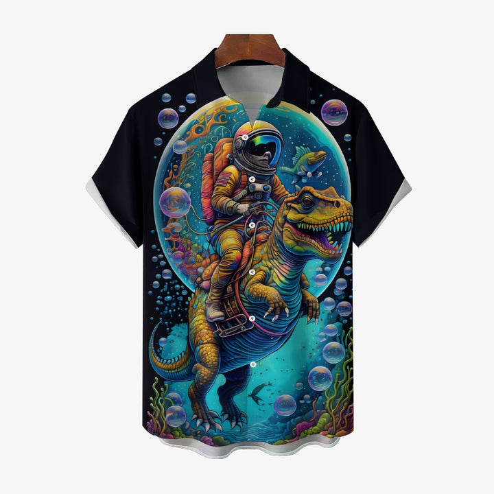 Men's Astronaut And Dinosaur Print Casual Short Sleeve Shirt 2402000282