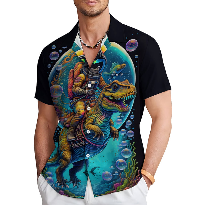 Men's Astronaut And Dinosaur Print Casual Short Sleeve Shirt 2402000282