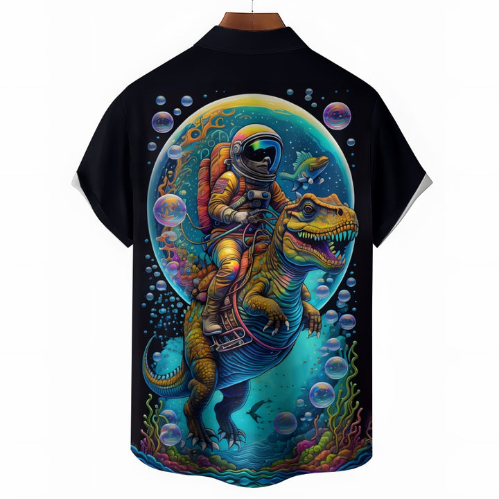 Men's Astronaut And Dinosaur Print Casual Short Sleeve Shirt 2402000282