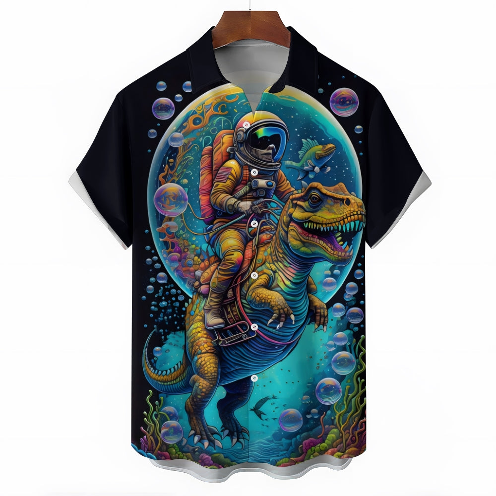 Men's Astronaut And Dinosaur Print Casual Short Sleeve Shirt 2402000282