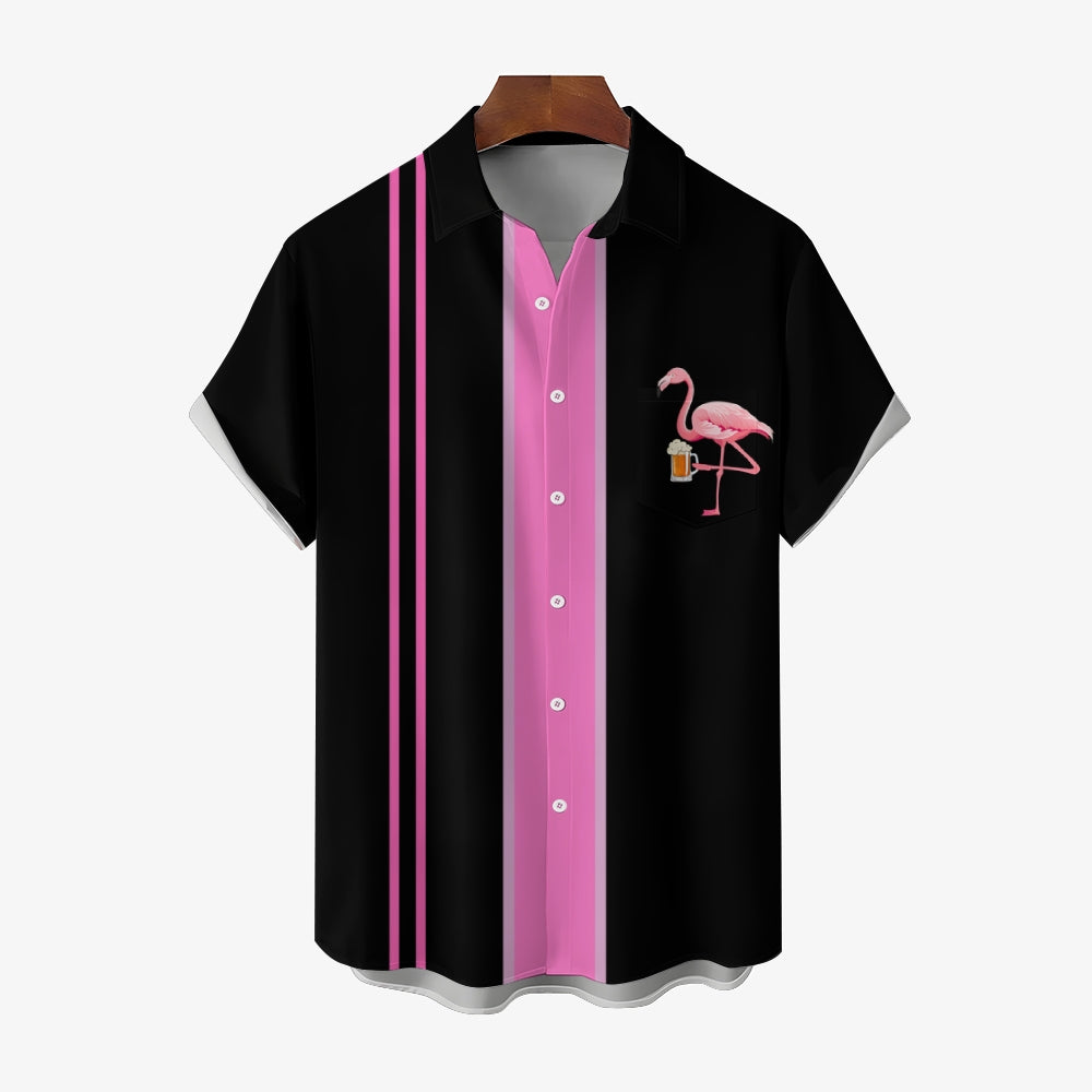 Flamingo Stripe Print Casual Short Sleeve Shirt 2410002844