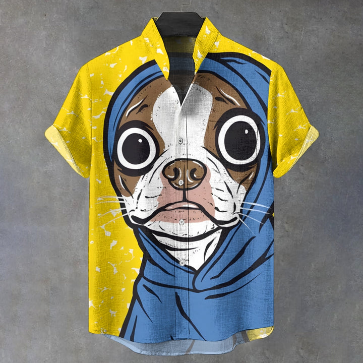 Blue Boston Terrier Dog Vintage Print Casual Shirt 2410002854