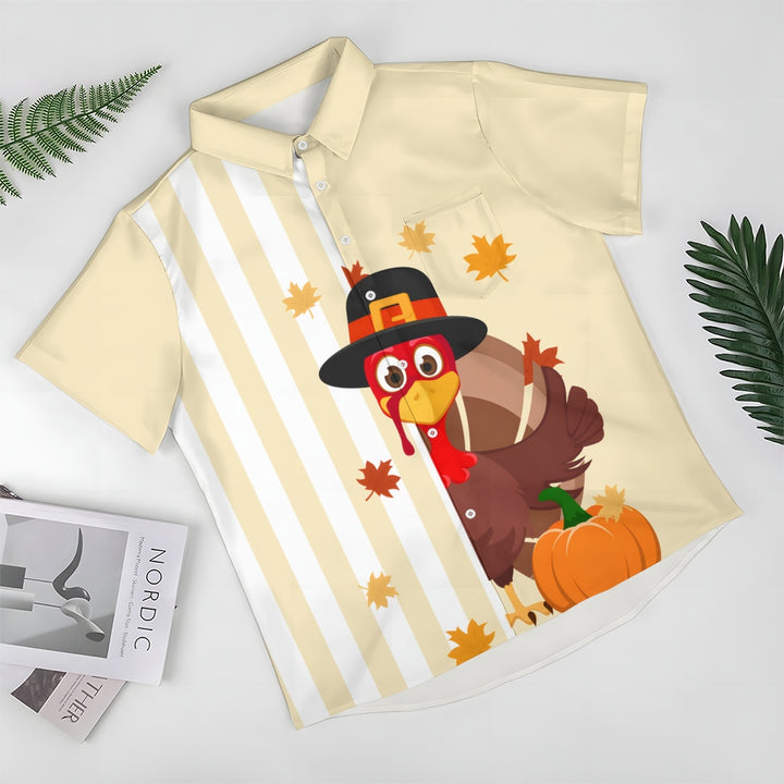 Thanksgiving Turkey Stripe Casual Short Sleeve Shirt 2410004167