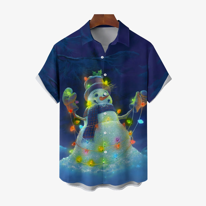 Casual Snowman Print Chest Pocket Short Sleeve Shirt 2309000348