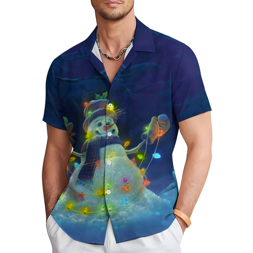 Casual Snowman Print Chest Pocket Short Sleeve Shirt 2309000348