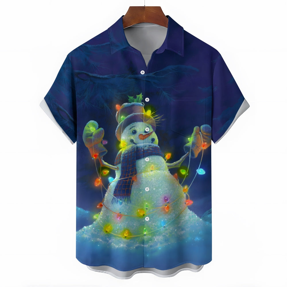 Casual Snowman Print Chest Pocket Short Sleeve Shirt 2309000348