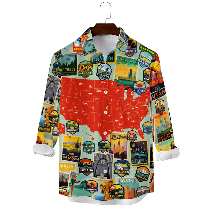 Fashionable Casual Map Print Men's Long Sleeve Shirt 2410004812