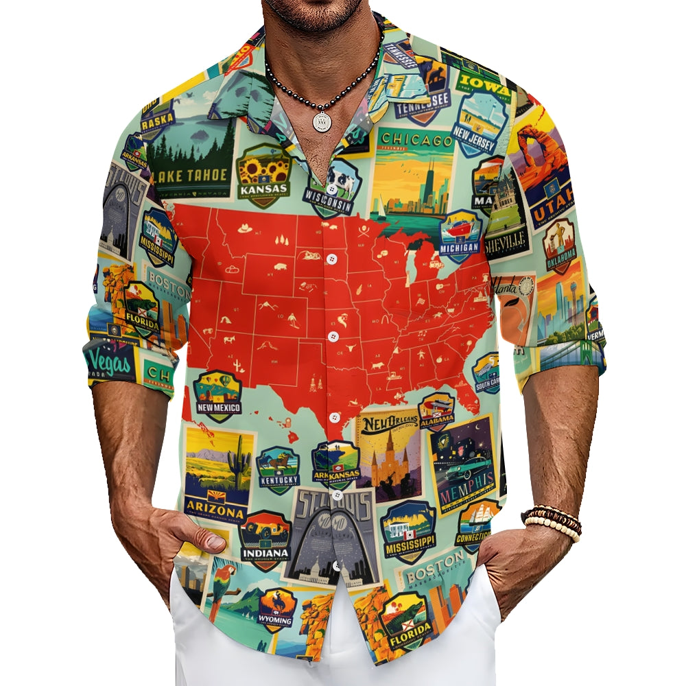 Fashionable Casual Map Print Men's Long Sleeve Shirt 2410004812