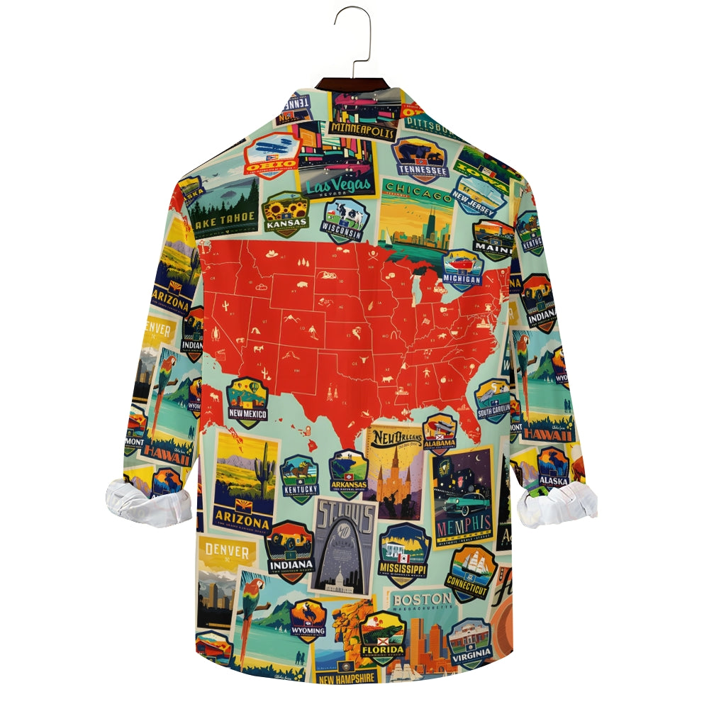 Fashionable Casual Map Print Men's Long Sleeve Shirt 2410004812