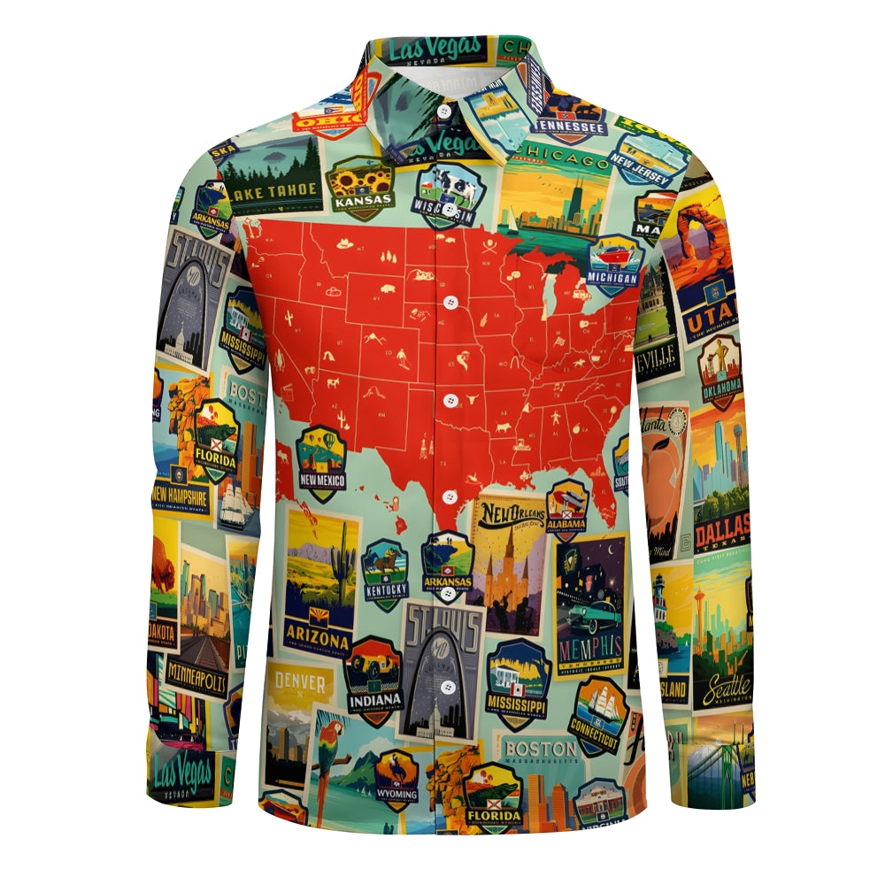 Fashionable Casual Map Print Men's Long Sleeve Shirt 2410004812