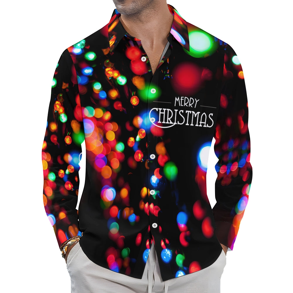 Christmas Lights Holiday Print Men's Button Pocket Long Sleeve Shirt 2410005292