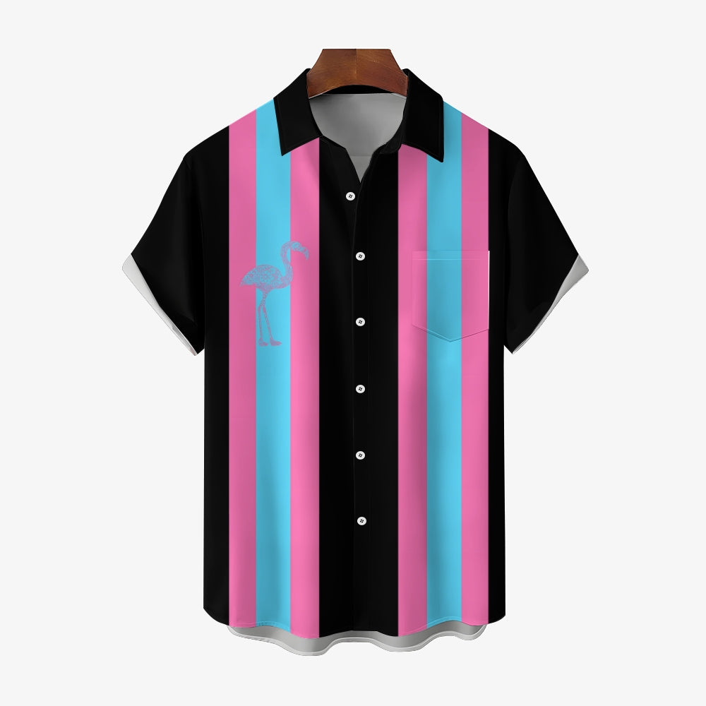 Flamingo Stripe Print Casual Bowling Shirt 2410005839