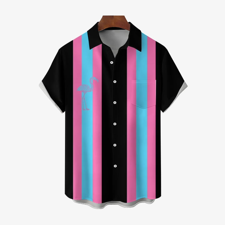 Flamingo Stripe Print Casual Bowling Shirt 2410005839