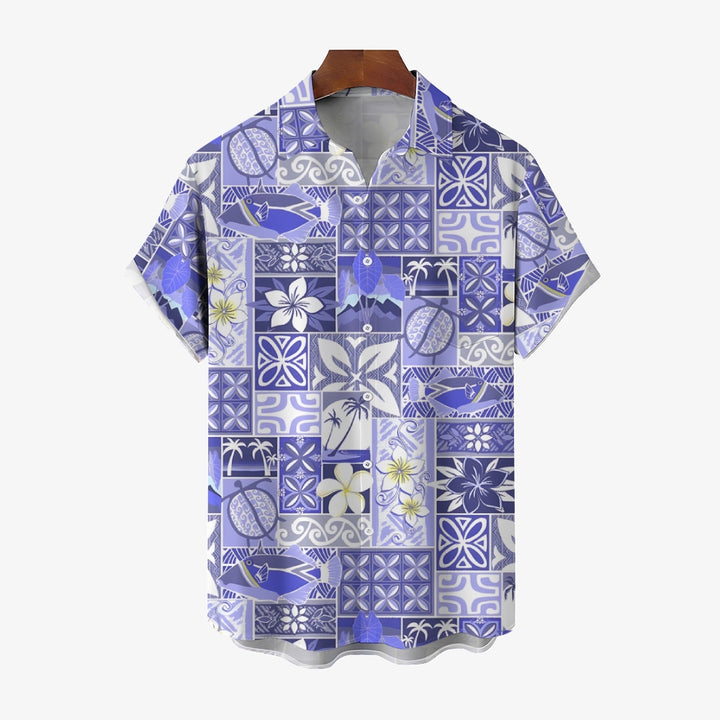 Hawaiian Flower Fish Geometric Splicing Art Casual Short Sleeve Shirt 2401000412