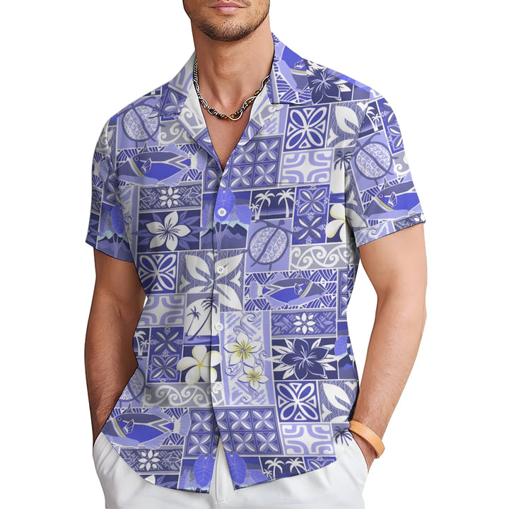 Hawaiian Flower Fish Geometric Splicing Art Casual Short Sleeve Shirt 2401000412