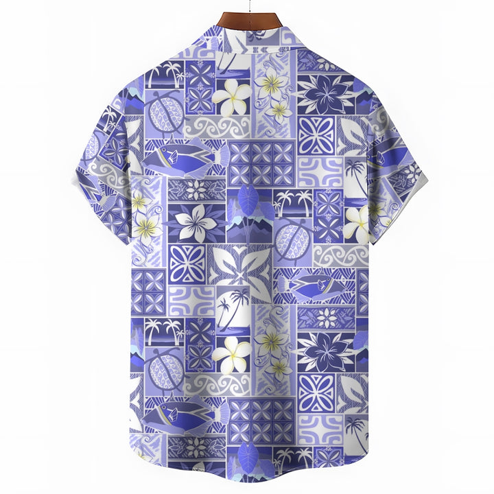 Hawaiian Flower Fish Geometric Splicing Art Casual Short Sleeve Shirt 2401000412