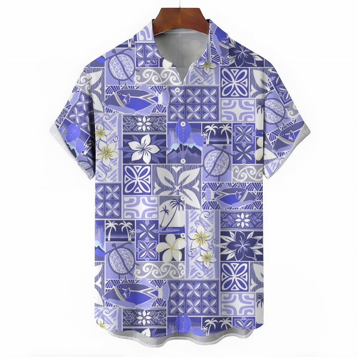 Hawaiian Flower Fish Geometric Splicing Art Casual Short Sleeve Shirt 2401000412