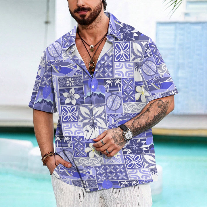 Hawaiian Flower Fish Geometric Splicing Art Casual Short Sleeve Shirt 2401000412