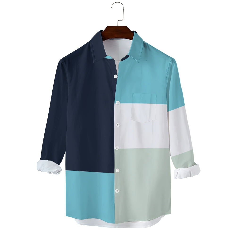 Men's Geometric Casual Colorblock Long Sleeve Shirt 2410007204