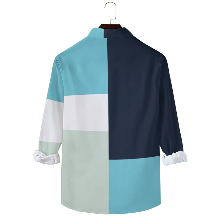 Men's Geometric Casual Colorblock Long Sleeve Shirt 2410007204