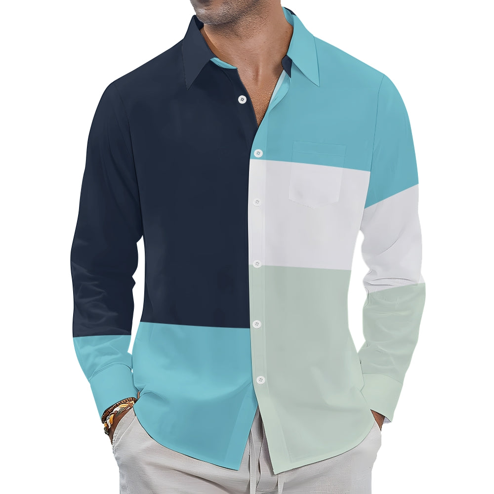 Men's Geometric Casual Colorblock Long Sleeve Shirt 2410007204