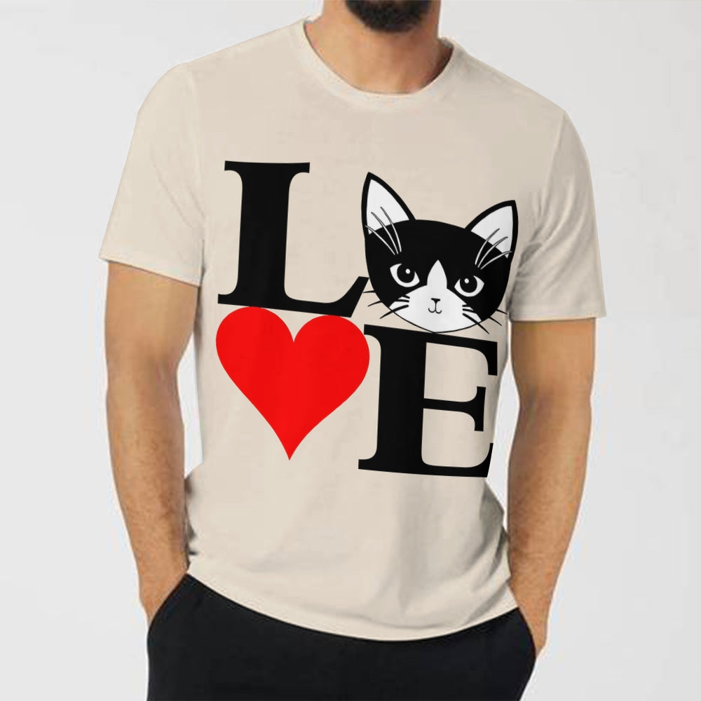 Men's Round Neck Valentine’s Day Cat Love Casual T-Shirt 2312000387